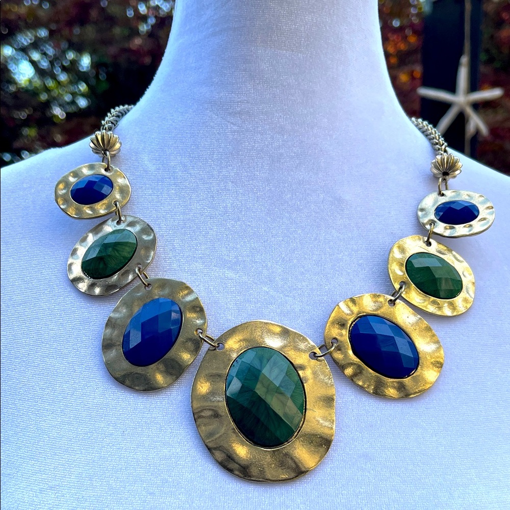 Statement Hammered Gold Tone Necklace Blue & Green Stones